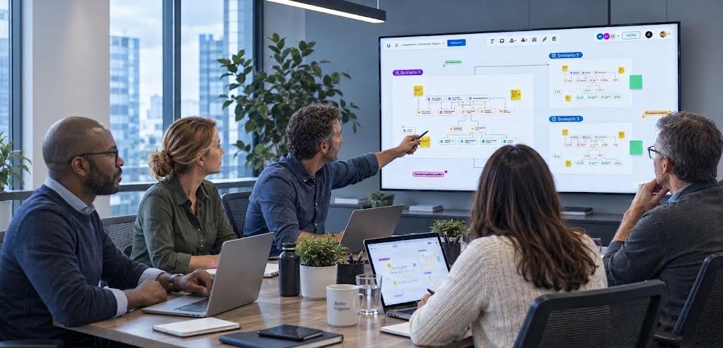 A team in a meeting room discussing a Unify workspace shown on a large screen